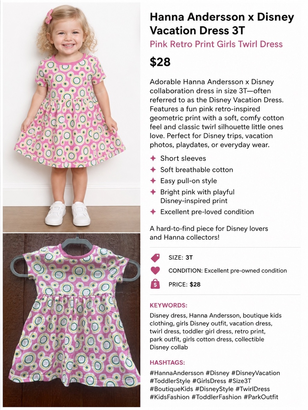 Hanna Andersson x Disney Vacation Dress 3T Pink Retro Print Girls Twirl Dress